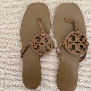 Tory Burch Brown Leather Miller Logo Thong Sandals